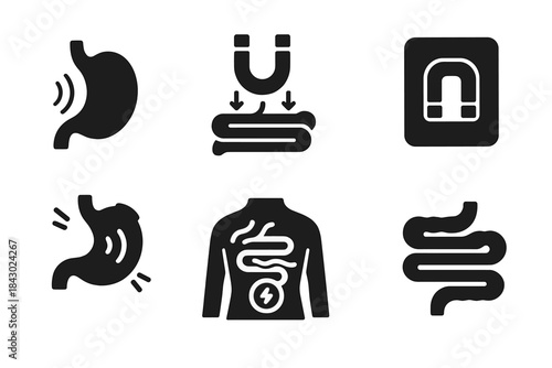 Magnet Therapy Icons. Solid style icons of magnet therapy for digestion: stomach icon with field lines, gut relief symbol,