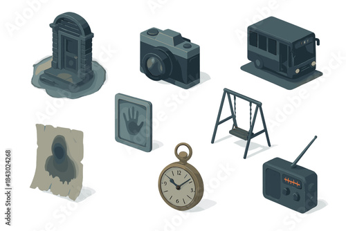 Urban Legends Mystique. Isometric vector illustration set of Urban legends: foggy alley door, camera with strange blur, midnight