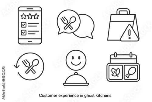 Ghost Kitchen Icons. Line style icons of customer experience in ghost kitchens: mobile feedback form, live order chat, delivery