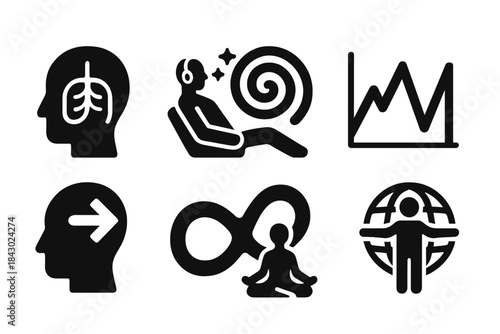 Expanded Consciousness Icons. Solid style icons of expanded consciousness methods: breathwork glyph, guided trance icon, altered