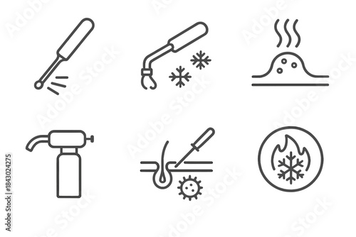 Cryogenics Medical Icons. Line style icons of cryogenics in medicine: cryotherapy wand, skin freezing nozzle, wart removal icon,