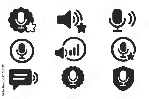 Voice Loyalty Icons. Solid style icons of voice loyalty programs: points badge with mic icon, reward readout by speaker, loyalty