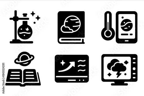 Exo-Climatology Icon Set. Solid style icons of exo-climatology research: planetary lab gear, atmosphere journals, cosmic
