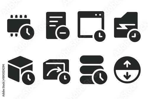 Time-sensitive Memory Icons. Solid style icons of temporal memory access: clocked RAM chip, time-sensitive data fetch, memory
