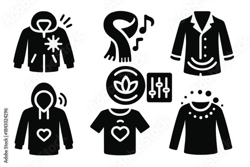 Ambient Sonic Fashion. Solid style icons of ambient sonic garments: glow-and-sound jacket, soft tone scarf, low-frequency coat.