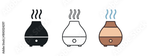 mindfulness icons one flat solid monochrome one thin black outline black and white one full color flat icon aroma diffuser releasing mist