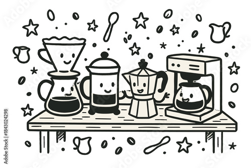 Coffee Makers Chatting. Delightful doodle of coffee brewing comparison scene, different coffee makers sitting on a table chatting,