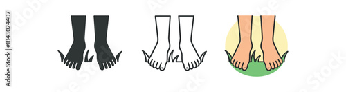 mindfulness icons one flat solid monochrome one thin black outline black and white one full color flat icon bare feet on grass