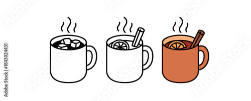 Flat vector illustration winter drink mugs cocoa spiced tea and mulled drink with steam soft rounded forms clean outline one black and white flat version one outline version one color