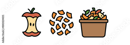Flat vector illustration of fruit composting: cores citrus peels chopped small and mixed pile bin rounded shapes clean outline clean white background