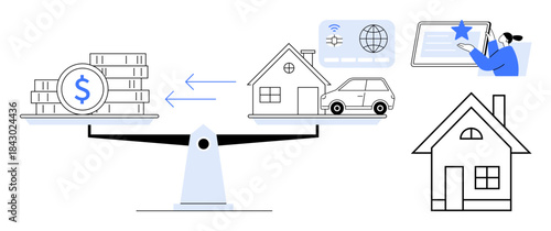 Financial planning, home investment, online transactions, economic balance, property trade, digital economy. A scale balancing money and real estate with digital elements. Financial planning and home