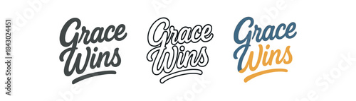 lettering icons three text only designs with phrase grace wins one flat solid monochrome one thin black outline black and white one full color flat icon
