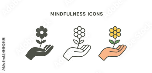 mindfulness icons one flat solid monochrome one thin black outline black and white one full color flat icon gentle hand holding flower