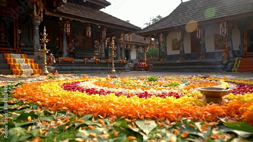 Vibrant Onam Pookalam flower rangoli with a lit oil lamp in a traditional Kerala temple.