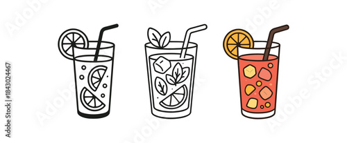 Flat vector illustration summer drink glasses lemonade mojito and fruit punch soft rounded shapes clean outline one black and white flat version one outline version one color version cozy