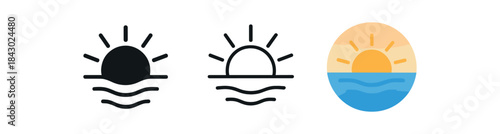 mindfulness icons one flat solid monochrome one thin black outline black and white one full color flat icon sunrise over calm lake