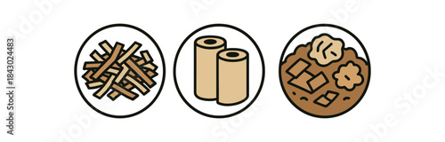 Flat vector illustration of paper composting: shredded cardboard paper towel and mixed brown layer rounded shapes clean outline clean white background