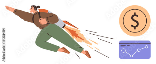 Person flying with rocket backpack, dollar coin, and analytics chart. Ideal for finance, career growth, entrepreneurship, innovation, motivation investment ambition themes. Dynamic flat metaphor
