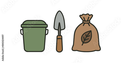 Flat vector illustration of compost starter kit: small bin hand trowel and carbonrich leaf bag rounded shapes clean outline clean white background