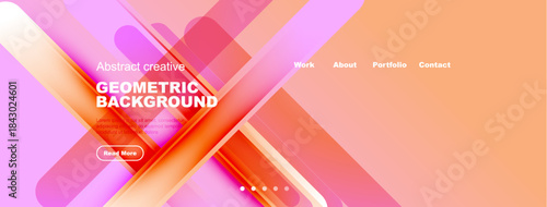 Abstract geometric background. Website header design features vibrant colors, shapes, text, navigation options. Modern style.