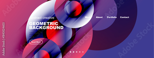 Modern website header design. Fluid shapes, vibrant colors, text overlay, navigation menu present. Minimalist aesthetic, dynamic composition.