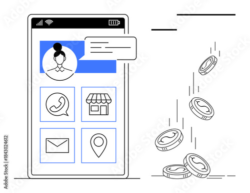 Mobile apps, financial technology, online shopping, communication tools, business profiles, digital payment. Smartphone screen with app icons and falling coins. Mobile apps and fintech concept