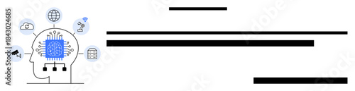 Artificial intelligence, machine learning, data processing, digital computing, innovation, and connectivity. Brain with circuit patterns surrounded by digital networks and icons. AI and machine