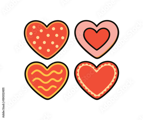 Flat vector illustration of bright Valentine heartshaped cookies with vivid icing details rounded shapes clean outline clean white background