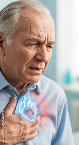 Senior man suffering from chest pain with digital heart illustration. Heart attack concept for elderly health and cardiovascular disease awareness.