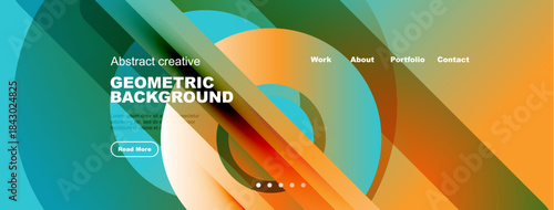 Abstract website header design. Fluid shapes, vibrant colors, text overlays, navigation menu present. Modern aesthetic.