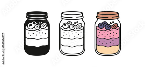Flat vector illustration jars with layered smoothies and toppings berries nuts and seeds soft rounded silhouettes clean outline one black and white flat version one outline version one