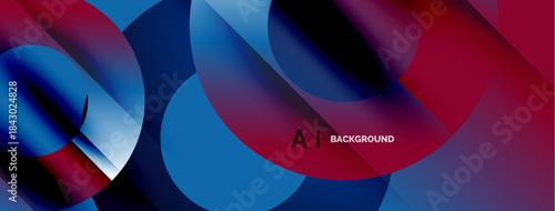 Abstract fluid shapes overlap, creating vibrant blue, red gradients. Modern design suggests technology, innovation, dynamic movement.