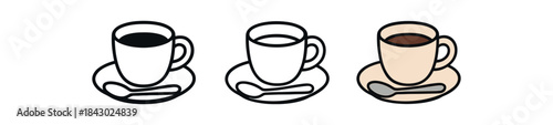 Flat vector illustration espresso cup sets tiny cup saucer and spoon soft rounded shapes clean outline one black and white flat version one outline version one color version cozy drink style