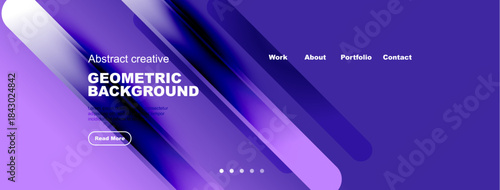 Purple abstract geometric background. Website header design includes text, navigation, button. Modern style, vibrant colors.