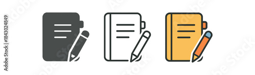 creative workspace icons one flat solid monochrome one thin black outline black and white one full color flat icon notebook with pencil