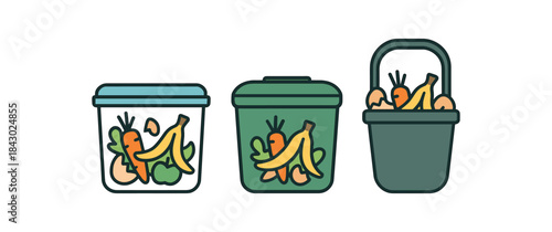 Flat vector illustration of kitchen scrap storage: freezer container sealed countertop caddy and carrytobin handle rounded shapes clean outline clean white background