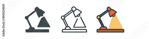 creative workspace icons one flat solid monochrome one thin black outline black and white one full color flat icon desk lamp angled over table