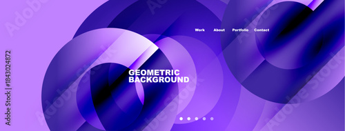 Abstract purple design features flowing shapes, text elements, navigation menu. Modern aesthetic, vibrant colors, geometric patterns present.