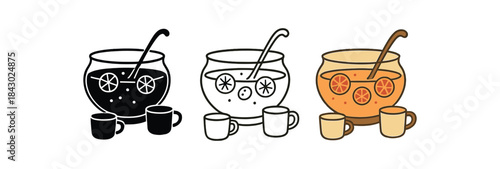 Flat vector illustration party punch bowls with ladle and cups soft rounded silhouettes clean outline one black and white flat version one outline version one color version cozy drink style