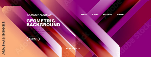 Modern website header design. Gradient colors, geometric shapes, navigation menu present. Text promotes background visuals.