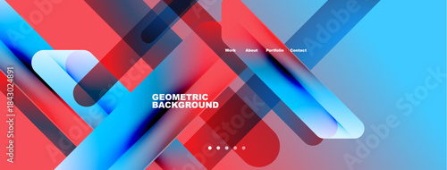 Abstract geometric design. Red, blue gradients create dynamic layers. Minimalist text elements present website navigation options. Modern aesthetic.