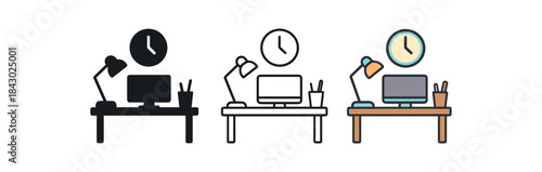 creative workspace icons one flat solid monochrome one thin black outline black and white one full color flat icon analog clock above desk