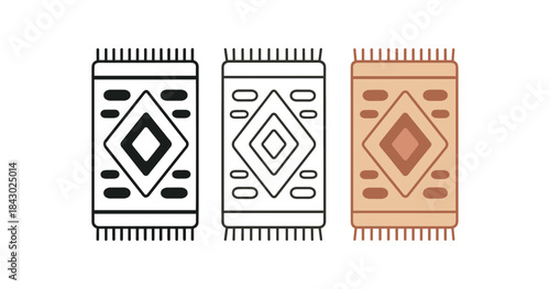 Flat vector illustration cozy rugs with geometric patterns soft rounded shapes clean outline one black and white flat version one outline version one color version home decor style