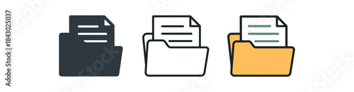 creative workspace icons one flat solid monochrome one thin black outline black and white one full color flat icon file organizer with papers