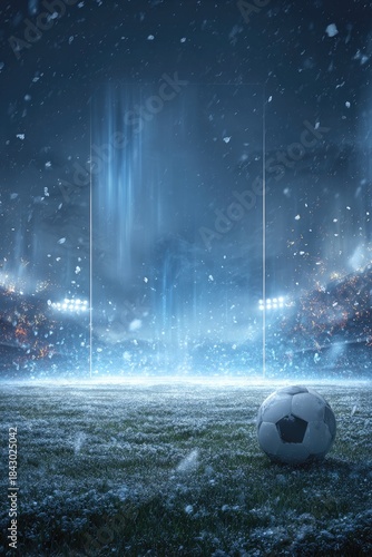 A snow-covered soccer field at night, illuminated by stadium lights; a ball rests in the foreground, with falling snow and a hazy, ethereal glow