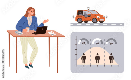 Woman at desk working on laptop, exploring data. Self-driving car and demographic bell curve graph nearby. Ideal for data analytics, technology, innovation, education, demographics, business