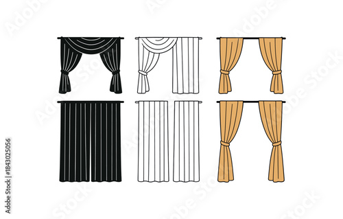 Flat vector illustration curtain sets simple draped and tied back soft rounded silhouettes clean outline one black and white flat version one outline version one color version home decor
