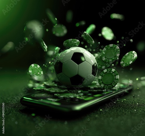 A soccer ball bursts from a smartphone screen, surrounded by a flurry of green poker chips against a dark, moody background.  The scene suggests online sports betting or gambling