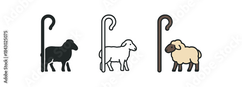religion icons one flat solid monochrome one thin black outline black and white one full color flat icon shepherd staff and sheep