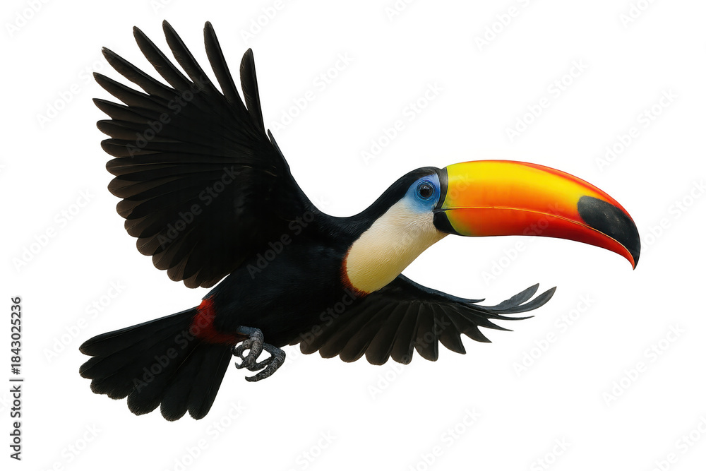 Naklejka premium Toucan bird flying, showing colorful beak, vibrant plumage, and tropical wildlife movement on transparent background